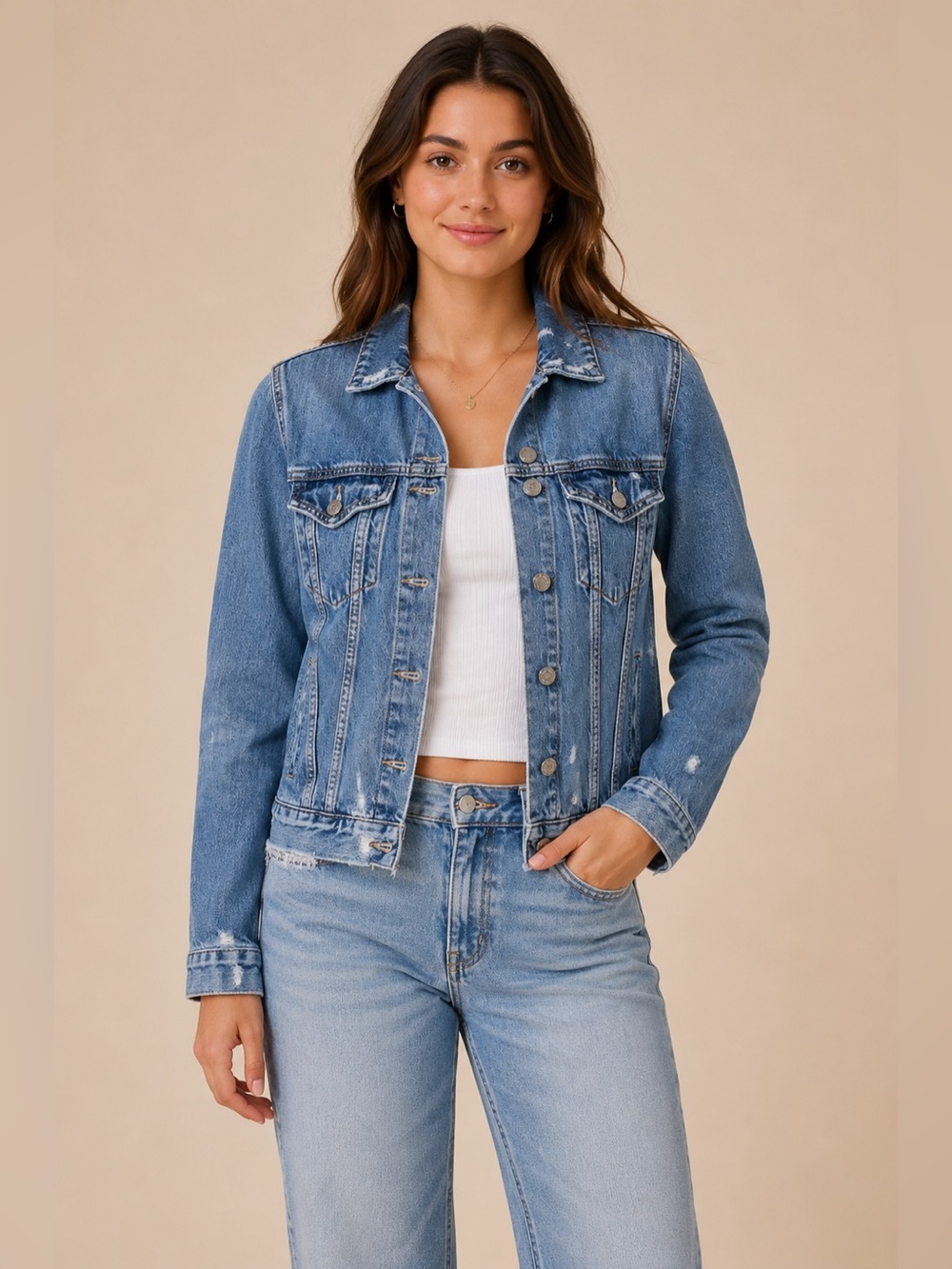 Lucky Brand Tomboy Trucker Medium Distressed Denim Jacket Raw Hem